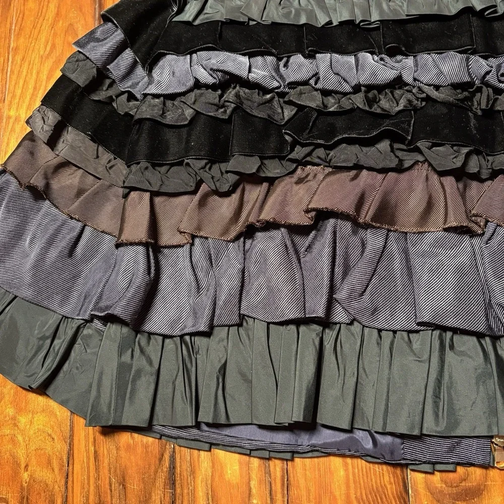 Moschino Blue Black Tiered Ruffle Velvet Zip Front Jacket Rare Sz 10